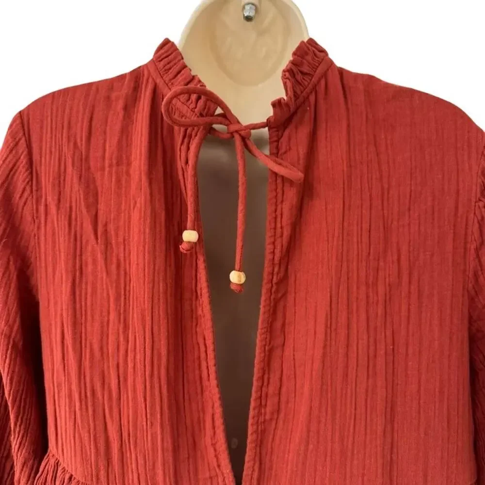 Free People Mini Oversized 3/4 Sleeve Gauze Dress Dark Orange 100% Cotton sz XS